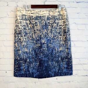Ann Taylor Women Blue Cream Abstract Print Cotton Pencil Skirt Size 12 Navy Ikat